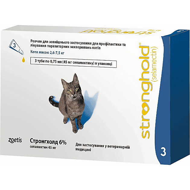 Протипаразитарні засоби Стронгхолд Краплі на холку для кішок Zoetis Stronghold (Стронгхолд) 6% проти бліх та кліщів вагою від 2.6 до 7.5 кг 0.75 мл 1246 США