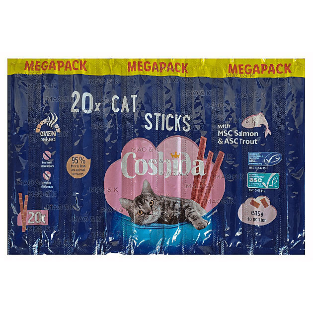 Ласощі Для кішок Coshida. MEGAPACK with Salmon and Trout, м'ясні палички з лососем та форелью, (1 шт) 4630 Німеччина