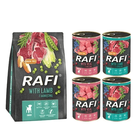 Сухі корма Для собак RAFI Сухий корм для цуценят Dolina Noteci RAFI Junior з ягням, 3 кг + консерва для цуценят Dolina Noteci RAFI Junior паштет ягня та телятина 4х400 гр 5799 Польща